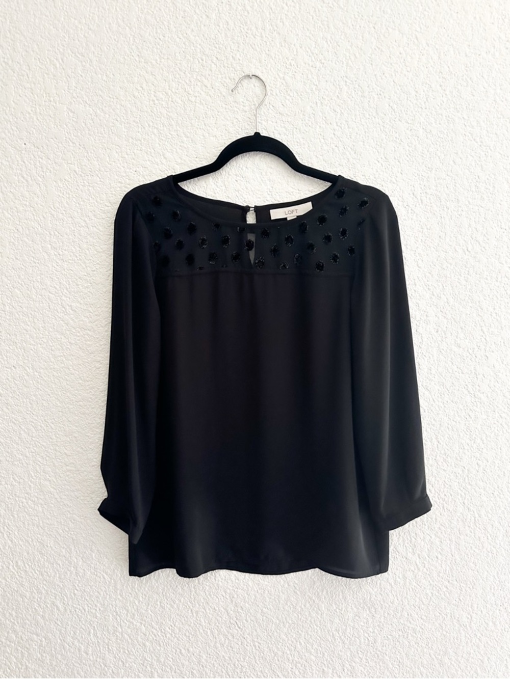 LOFT Black Beaded Yoke Long-Sleeve Blouse